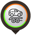 Cartoon icon of a car on a flatbed tow truck